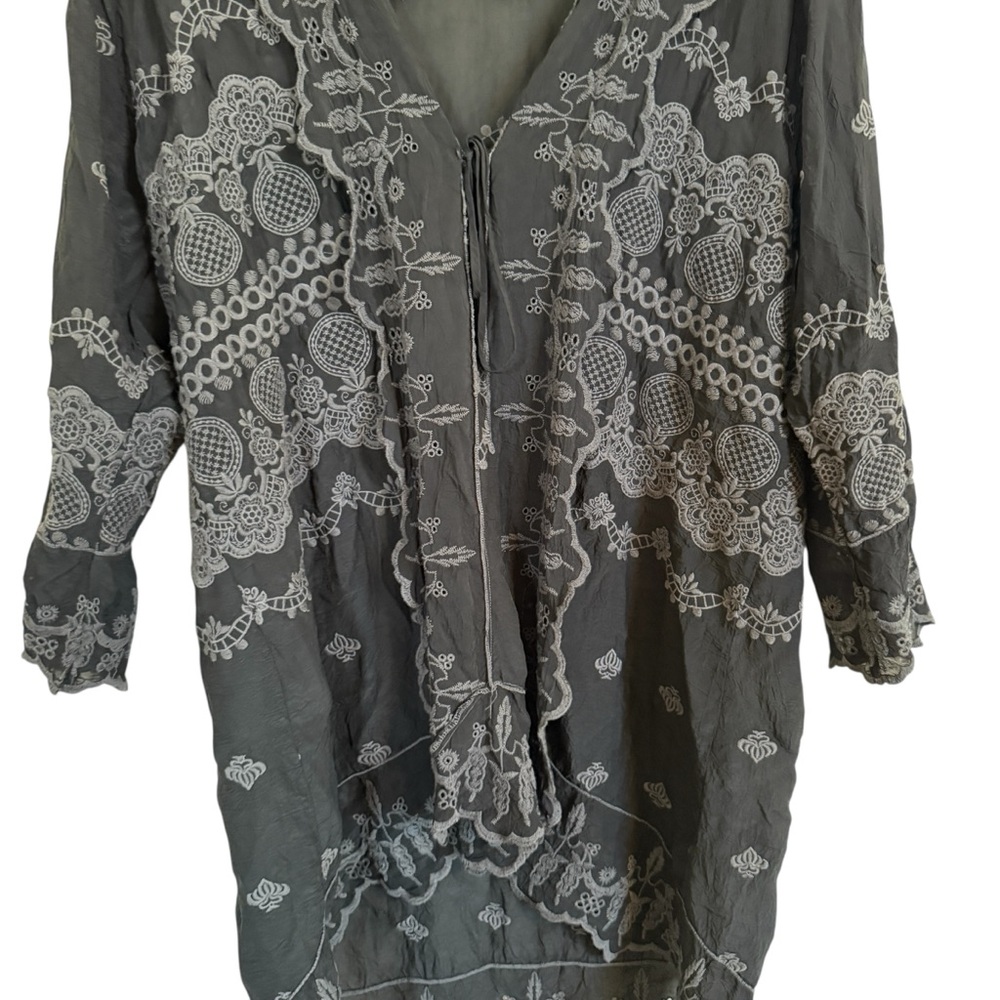 Johnny Was Black Gray Embroidered Eyelet Open Front w/tie Kimono Duster Size Med - Picture 2 of 9